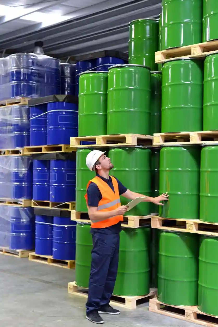 A man in a hard hat inspects large barrels in a warehouse 