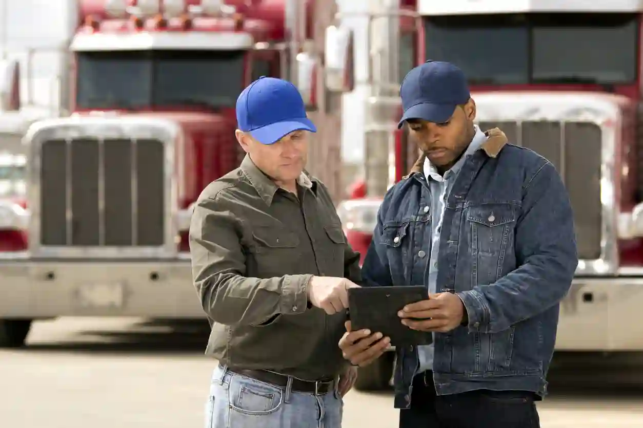 Two blue collar truckers compare notes in front of trucks 